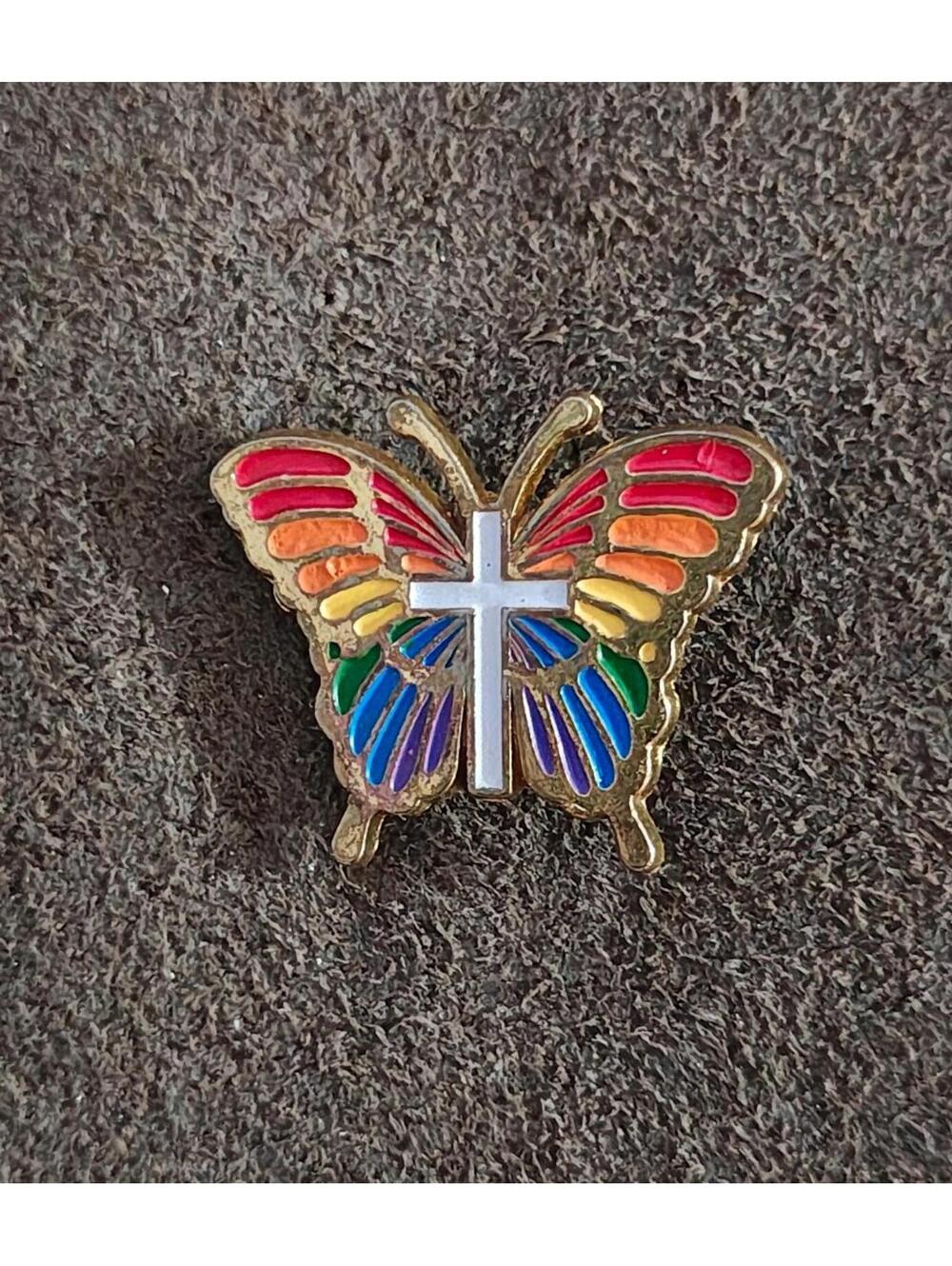 1980's Rainbow Butterfly With White Cross Gold Tone Enamel Pin - Picture 4 of 9
